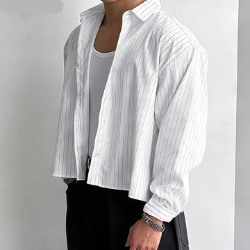 AIDASE  -  Tops 2025 Korean Style Men's Casual Simple Striped Cropped Shirt Fashion Streetwear Male Hot Selling Long Sleeved Blouse aidase-shop